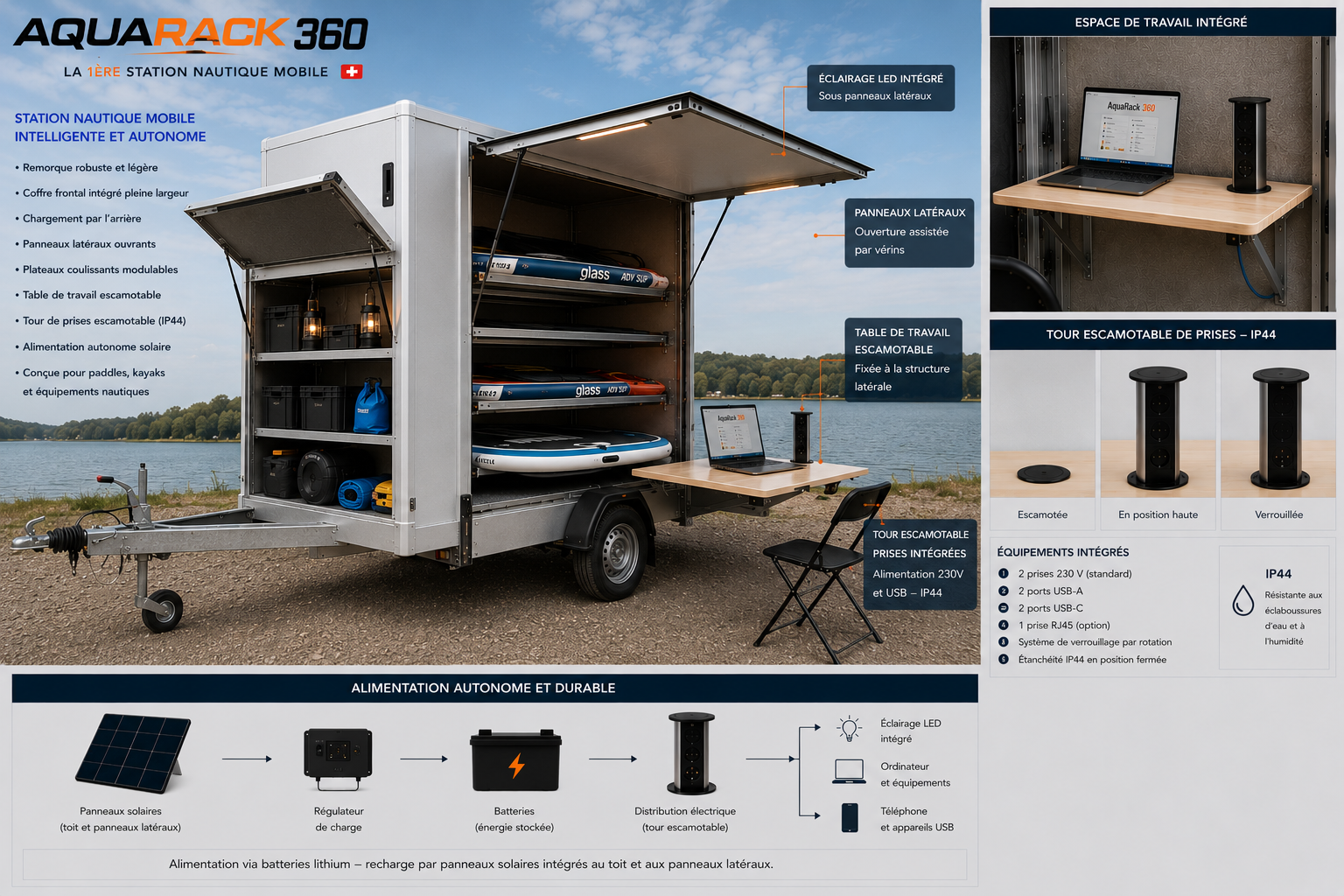 AquaRack®-360 — Vue d'ensemble : station nautique mobile, espace de travail intégré, tour escamotable de prises IP44, alimentation autonome solaire