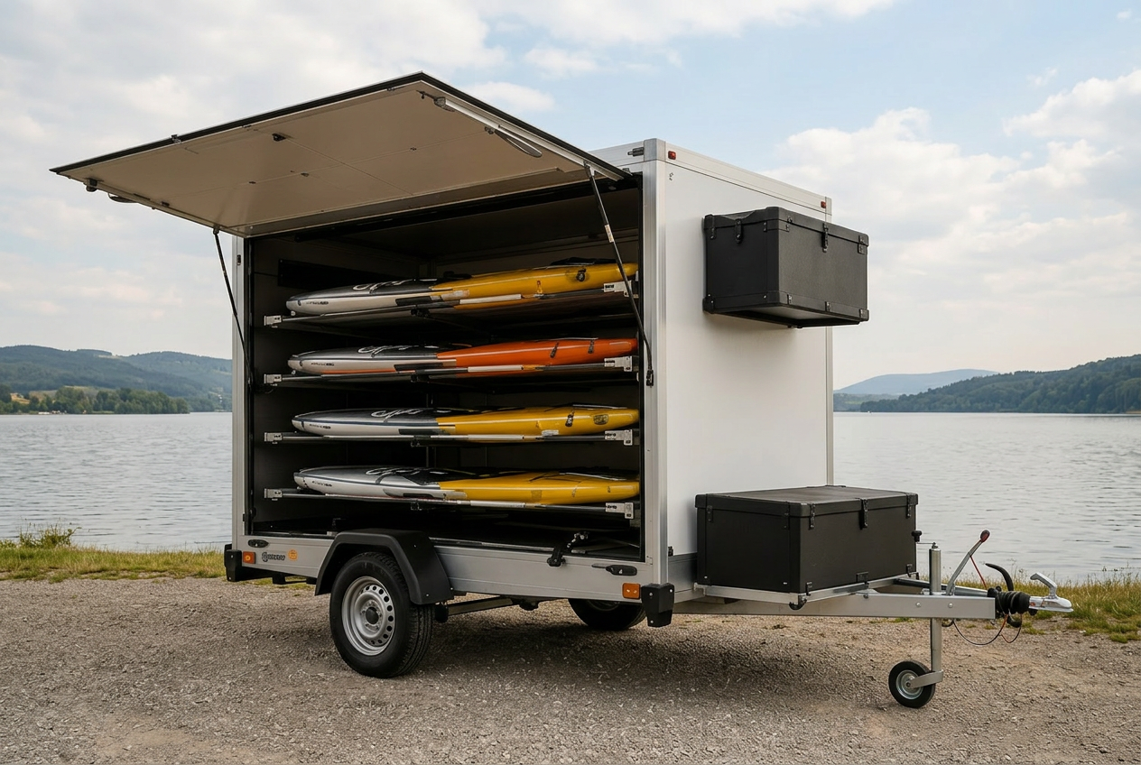 AquaRack®-360 — remorque ouverte au bord d'un lac, paddles et kayaks rangés sur les plateaux