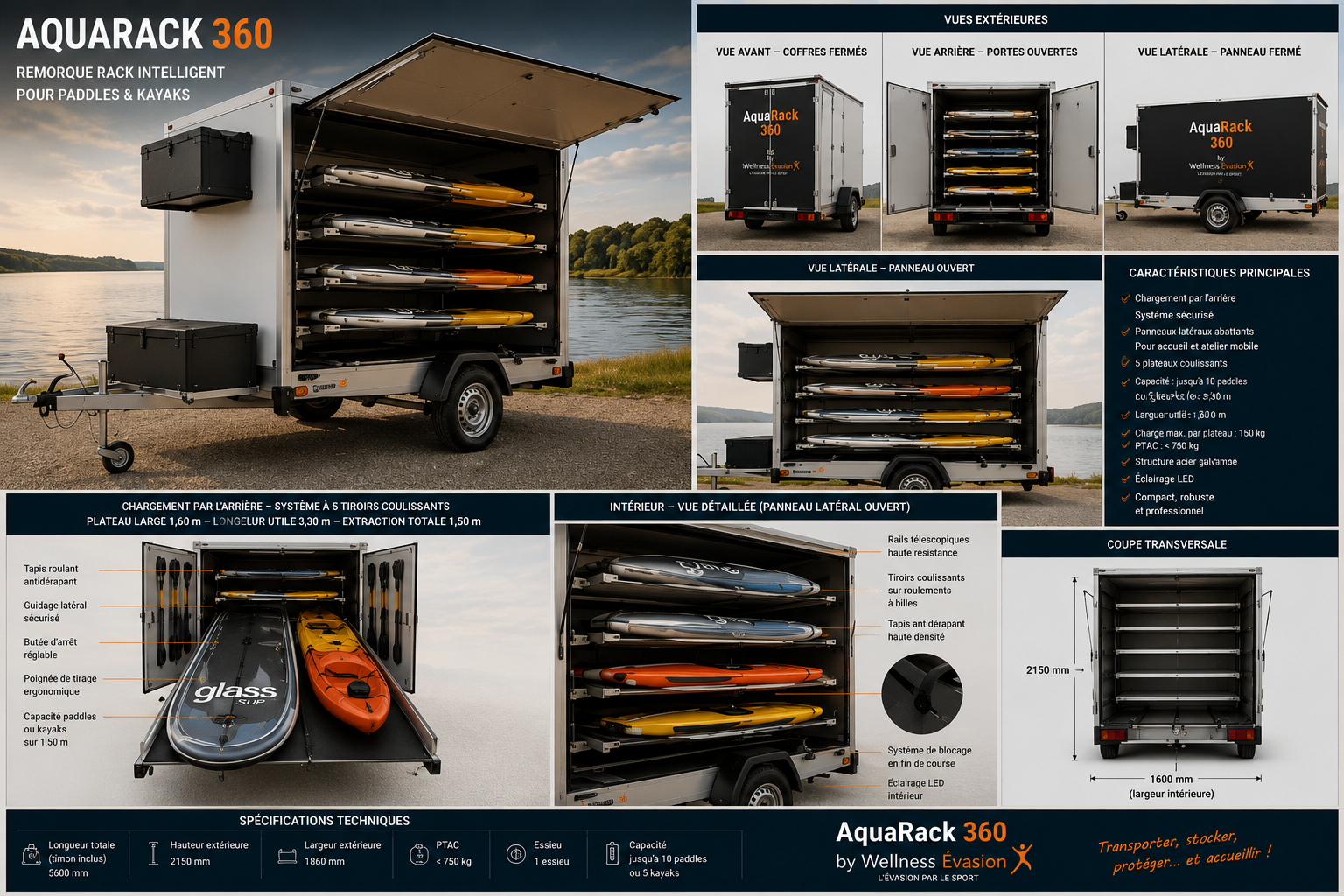 AquaRack®-360 — vue d'ensemble avec panneaux latéraux ouverts et paddles rangés