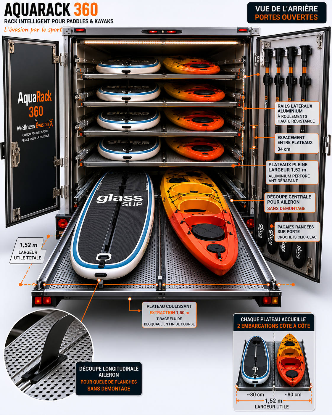 AquaRack®-360 — vue arrière avec portes ouvertes et plateaux coulissants