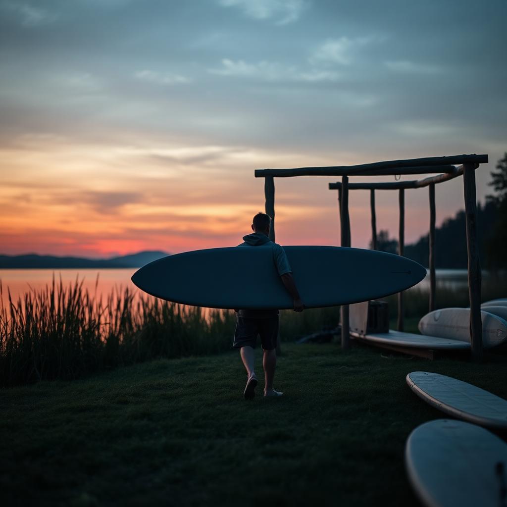 Opérateur transportant une planche au coucher du soleil